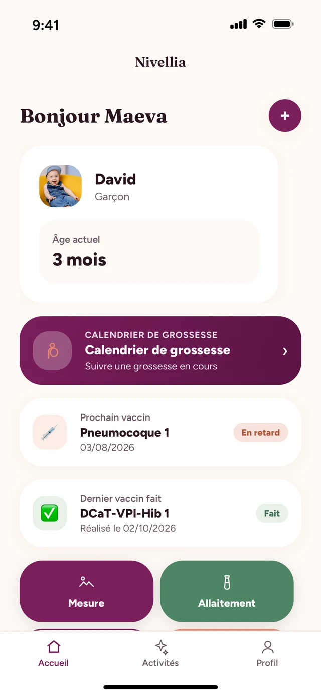 Écran d'accueil de Nivellia : profil de bébé, prochain vaccin et raccourcis