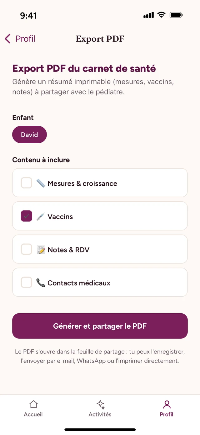 Export PDF du carnet de santé